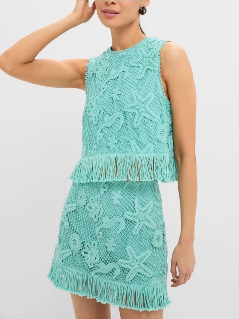 Saylor Samia Fringe Set Teal Crochet Size M